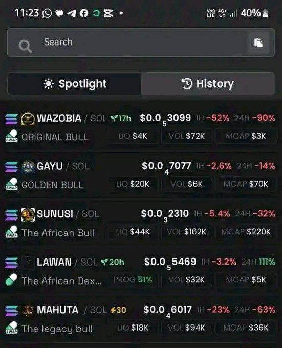 A mobile phone screenshot of a cryptocurrency trading app showing memecoin tickers (WAZOBIA, ORIGINAL BULL, GAYU, SUNUSI, LAWAN, MAHUTA) paired with SOL, displaying prices, volume, and market cap data with mostly negative 24-hour percentage changes.