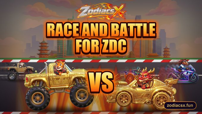 A colorful game promotion reads “ZodiacsX” and “RACE AND BATTLE FOR ZDC,” showing a tiger driving a monster truck against a dragon in an ornate car, with “zodiacsx.fun” in the corner.