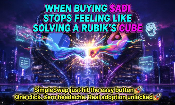 A vibrant promotional graphic for SimpleSwap with the text 'WHEN BUYING $ADI STOPS FEELING LIKE SOLVING A RUBIK'S CUBE' and 'SimpleSwap just hit the easy button. One click. Zero headache. Real adoption unlocked' featuring colorful abstract artwork.
