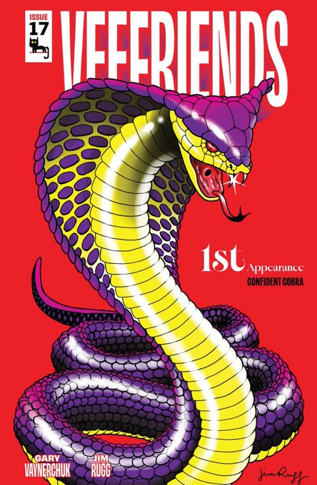 A comic book cover for 'VEEFRIENDS' Issue 17 featuring a purple and yellow cobra, marking the '1st Appearance of CONFIDENT COBRA' by Gary Vaynerchuk and Jim Ruge.