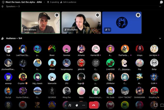 A screenshot of an X (Twitter) Spaces audio room titled 'Meet the team. Get the alpha - AMA' shows three speakers including 'Sam Withers' and 'HeartyBob', and an audience count of 164 with many participant avatars below.