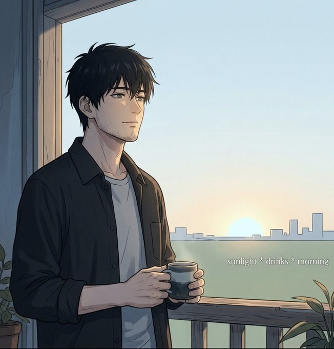 An anime-style illustration shows a dark-haired man in a black shirt holding a mug while gazing out at a sunrise over a city skyline, with the text 'sunlight * drinks * morning' visible.