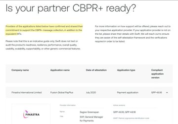 The image shows a webpage titled "Is your partner CBPR+ ready?" which lists financial institutions and their CBPR+ application status, including Finastra International Limited (Fusion Global PayPlus, July 2020) and Sagia Greensky and SCC General Manager for Payments (November 2020, with a GMP-ready payment certification note). The post connects by illustrating one potential pathway for XRP to integrate into SWIFT's CBPR+ cross-border payment infrastructure, as shown by Ripple's certified partner status alongside other financial institutions adopting the standard.
