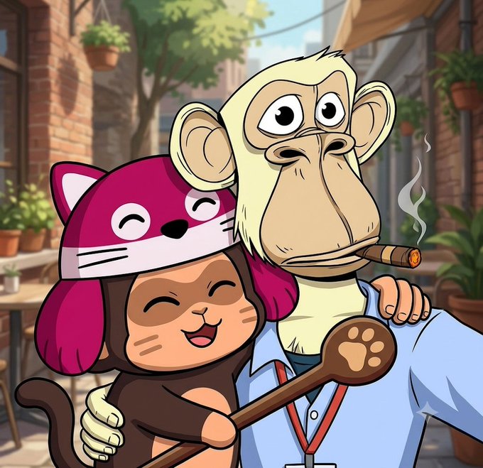 A cheerful cartoon cat wearing a red hat with a paw print emblem hugs a stoic, cigar-smoking monkey in a cozy brick alleyway. The wholesome, friendship-themed illustration matches the post's affectionate shoutout to the Chimpers NFT community and its founder, celebrating "Happy Chimp Day."