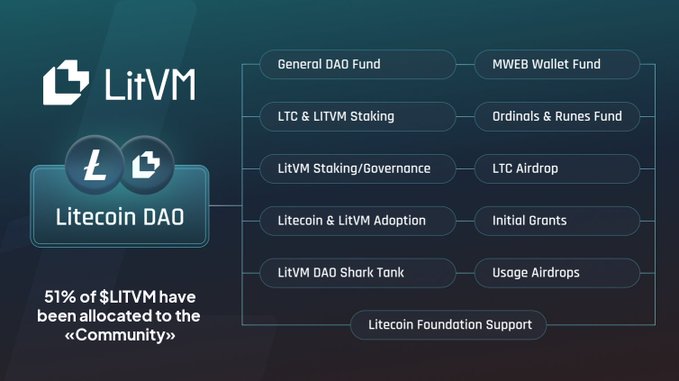 The image shows a graphic that illustrates the relationship between different tokens. The central visual element displays the numbers "51%" and "$LITVM" in white text, with a blue gradient background surrounding them. The image also features an illustration of two coins - one from Litecoin (a white square) and another coin labeled "LITVM", positioned over the number "51%". In the bottom right corner, there is text that reads "LitVM: 51% of $LITVM have been allocated to  @LitecoinVM (Litecoin's Virtual Machine), will operate on a dual-token model: $zkLTC - based on bridged $LTC from Litecoin (gas token for transaction fees) &  $LITVM".