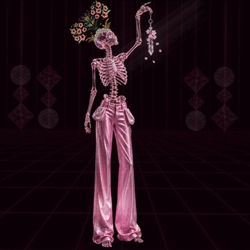 A stylized skeleton figure wearing pink satin pants and a flower crown stands against a dark patterned background.