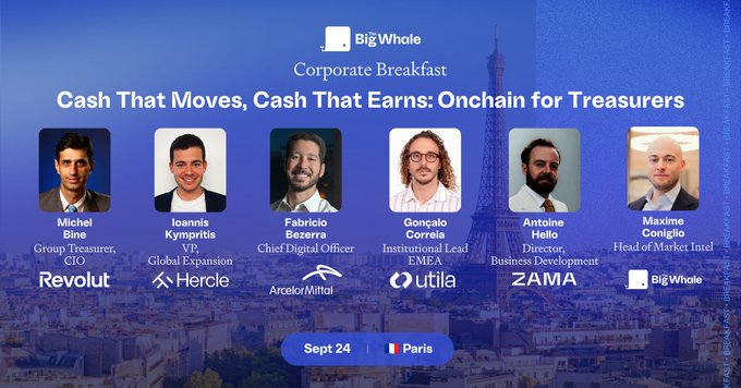 A promotional graphic for a 'BigWhale Corporate Breakfast' titled 'Cash That Moves, Cash That Earns: Onchain for Treasurers' featuring speakers from Revolut, Herle, ArcelorMittal, Utila, ZAMA, and BigWhole, scheduled for Sept 24 in Paris.