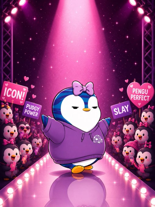 A cartoon penguin in a purple hoodie and bow walks a runway with arms outstretched, surrounded by adoring penguin fans holding signs reading 'ICON!', 'PUDGY POWER', 'SLAY', and 'PENGU PERFECT'.