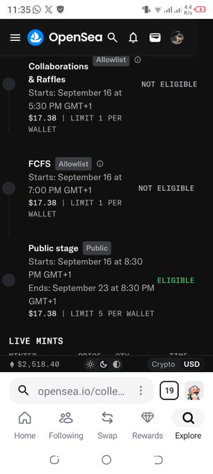 A mobile phone screenshot of the OpenSea app displaying NFT minting stages with text including 'Collaborations & Raffles', 'FCFS', 'Public stage', and prices like '$17.38'.