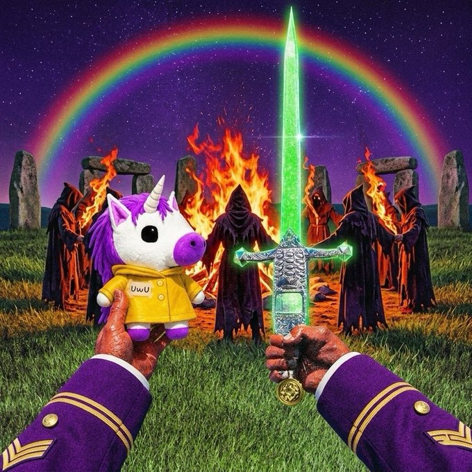 A surreal, psychedelic digital artwork depicting two hands in purple sleeves holding a unicorn plush toy and a glowing green sword, with hooded figures, Stonehenge, fire, and a rainbow in the background.