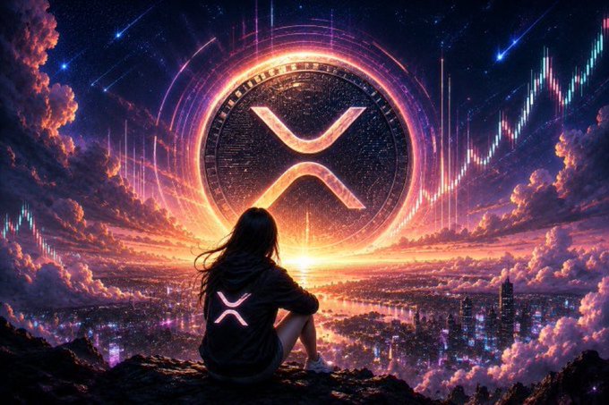 A digital fantasy artwork showing a silhouetted figure sitting beneath a giant glowing XRP logo with a vibrant cosmic cityscape.