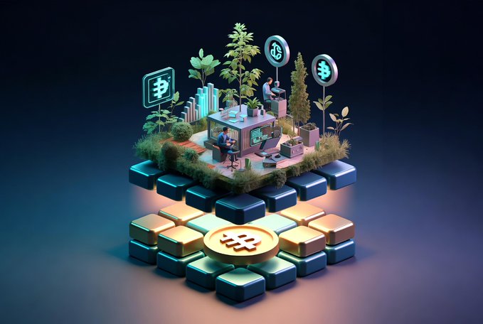 A 3D isometric illustration of a miniature workspace with people working at computers, surrounded by plants and Bitcoin symbols, sitting atop a blockchain structure.