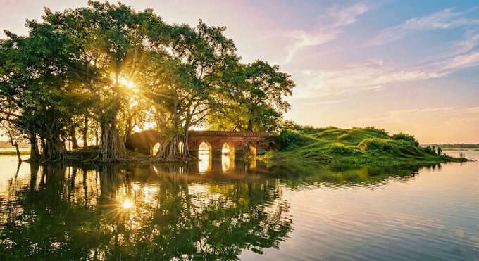 A serene landscape showing a stone bridge with arches among large trees on a calm lake at sunset.