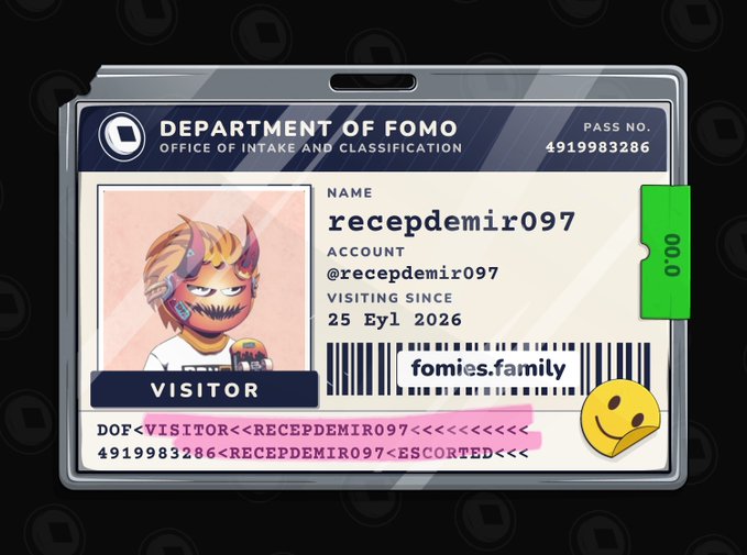 A digital ID card styled as a government pass from the 'DEPARTMENT OF FOMO, OFFICE OF INTAKE AND CLASSIFICATION,' labeled 'VISITOR' for user 'recepdemir097' (account @recepdemir097), with the website 'fomies.family' and pass number 4919983286.