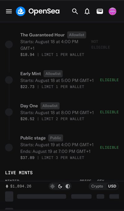 The image shows the OpenSea mint stages for an NFT, listing four phases—"The Guaranteed Hour" (Aug 18 at 4:00 PM GMT+1, $18.94, not eligible), "Early Mint" (Aug 18 at 5:00 PM GMT+1, $22.73, eligible), "Day One" (Aug 18 at 8:00 PM GMT+1, $26.52, eligible), and "Public stage" (Aug 19 at 4:00 PM GMT+1, $37.89, eligible)—confirming the mint is active and indicating the poster is eligible to mint LSA.