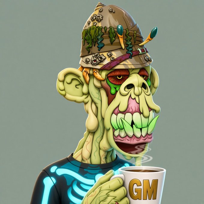 A digital illustration of a grotesque, green zombie-like character with exposed teeth and a moss-covered helmet, holding a white mug labeled 'GM' that emits steam.