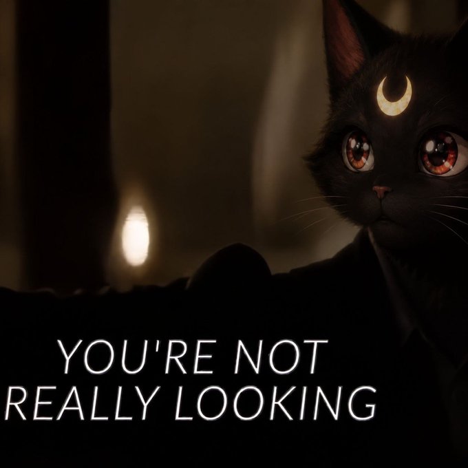 A stylized black cat with glowing orange eyes and a crescent moon on its forehead stares at the camera, with the caption 'YOU'RE NOT REALLY LOOKING'.