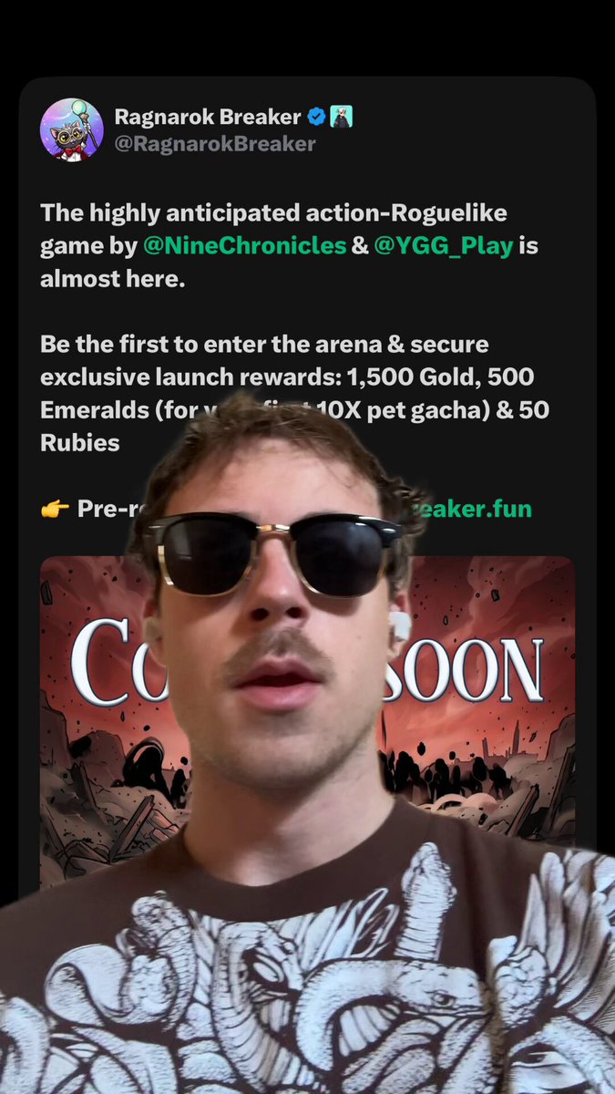The image features a man wearing sunglasses and a t-shirt with an abstract design of snakes and ladders. The text on his Twitter account reads "Focus on what is in the image & how it relates to the post". This suggests that he might be discussing or sharing information about the game, possibly related to the highly anticipated action-packed game coming out soon by @AbstractChain An action packed, rougelike game by @YGG_Play.