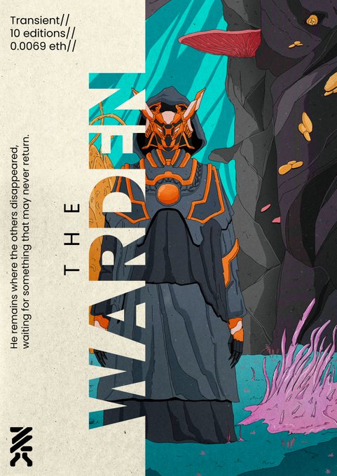 An NFT artwork titled 'IN THE WAKE' featuring a dark, hooded figure with glowing orange accents, marked 'Transient// 10 editions// 0.0069 eth//'.