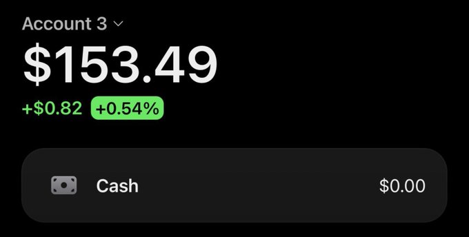 A mobile banking app screenshot showing 'Account 3' with a balance of $153.49, up +$0.82 (+0.54%), and a Cash balance of $0.00.