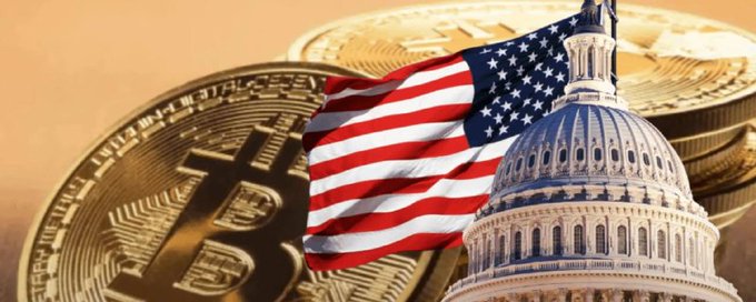 A composite image featuring a Bitcoin and gold coin alongside an American flag and the U.S. Capitol building dome.