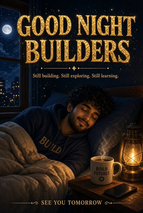 An illustration of a smiling man sleeping peacefully in bed with a mug labeled 'BUILD FUTURES' and a glowing lantern on the nightstand, under text reading 'GOOD NIGHT BUILDERS - Still building. Still exploring. Still learning. - SEE YOU TOMORROW'.