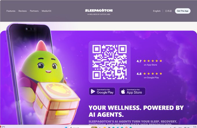 A promotional webpage for 'SLEEPAGOTCHI AI WELLNESS BY GOTCHI LABS' featuring a green character with a treasure chest, a QR code, app download buttons, and the tagline 'YOUR WELLNESS. POWERED BY AI AGENTS.'