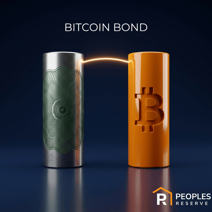 A 3D render for 'BITCOIN BOND' by People's Reserve shows a metal cylinder with a dollar bill design linked by a glowing arc to an orange cylinder featuring the Bitcoin logo.