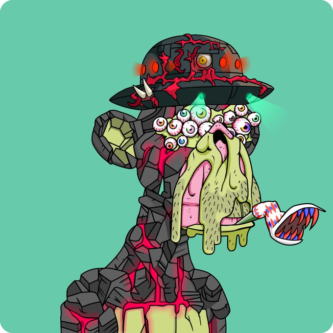 The image features a cartoon monkey wearing a hat that looks like a bowler hat, giving him a unique and quirky appearance. The monkey has a large mouth filled with goo or paint, which adds to his character's eccentricity. The background of the image is green, providing a contrasting backdrop for the monkey's outfit. The caption at the bottom of the image reads "Welcome back TIGER! Your new M1 Bowler Hat It' s time to get loud and show the world what the power of the @BoredApeYC can do".