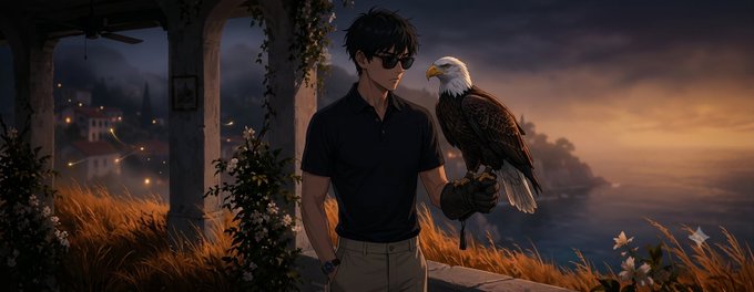An anime-style illustration of a man wearing sunglasses and a dark polo shirt, holding a bald eagle on his gloved hand at sunset.