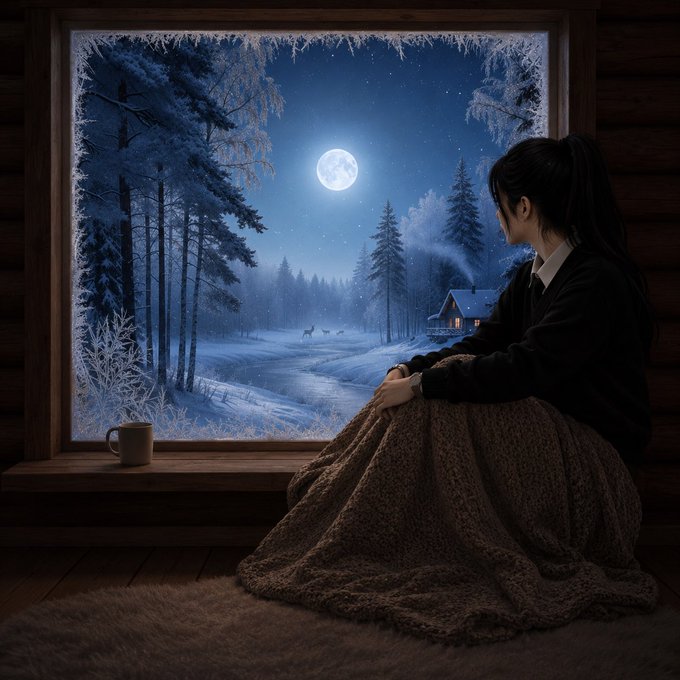 A woman wrapped in a cozy blanket gazes out at a serene, moonlit winter landscape from a cabin window. The peaceful, reflective scene paired with "Recharge tonight. Tomorrow, we chase bigger wins" suggests the importance of rest and quiet moments before tackling new challenges.