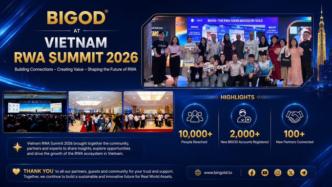 A promotional graphic for BIGOD's participation in the Vietnam RWA Summit 2026, featuring event photos and key statistics: 10,000+ people reached, 2,000+ new BIGOD accounts registered, and 100+ new partners connected, with a thank-you message to attendees and a link to bigold.to.