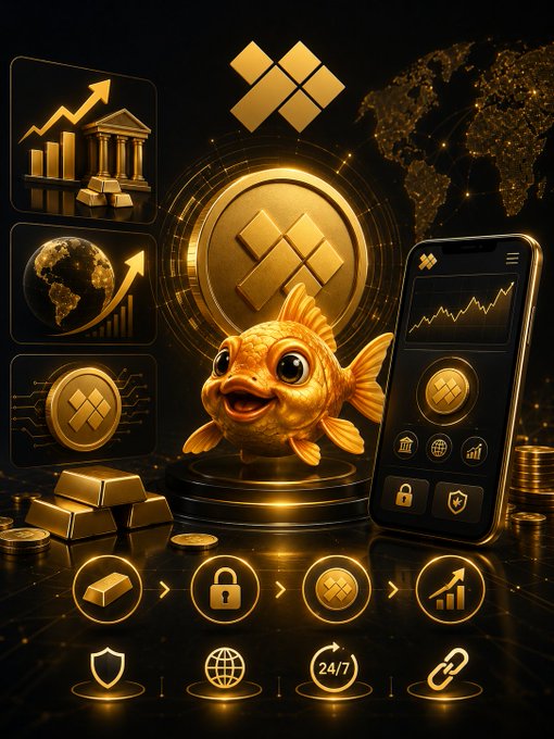 A gold-themed crypto/investment graphic featuring a goldfish, gold bars, a smartphone with a rising chart, and a Binance logo against a world map background.