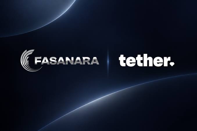 A dark graphic displaying the logos "FASANARA" and "tether" side by side against a black background with blue curved light elements.