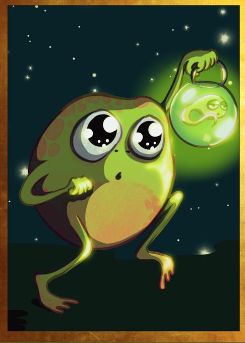 A cartoon illustration of a cute green frog with large glossy eyes holding a glowing green lantern containing a small ghost figure, set against a dark starry night sky.