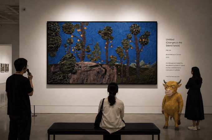 Museum visitors viewing a large landscape painting titled "Untitled (Oranges in the Silent Forest)" by Trevor Tao, alongside a yellow bull sculpture.