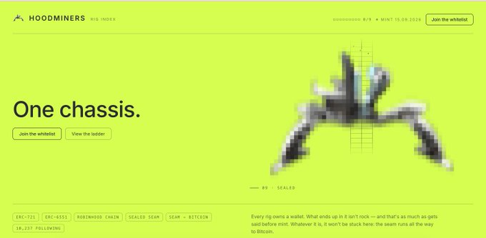 A bright yellow-green landing page for 'HOODMINERS RIG INDEX' with the headline 'One chassis.' and a pixelated mining rig image.