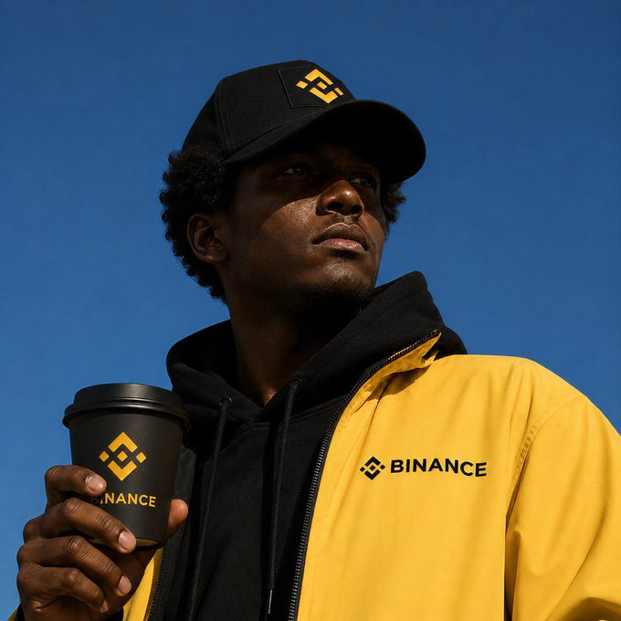 A young man wearing a black and yellow Binance-branded cap and jacket holds a matching black Binance coffee cup, gazing thoughtfully into the distance against a clear blue sky, perfectly capturing the confident, branded enthusiasm of someone proudly showing off their favorite crypto merch.