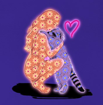 A stylized digital illustration showing a kneeling woman with flower-patterned skin embracing a raccoon, with a pink heart floating between them against a purple background.