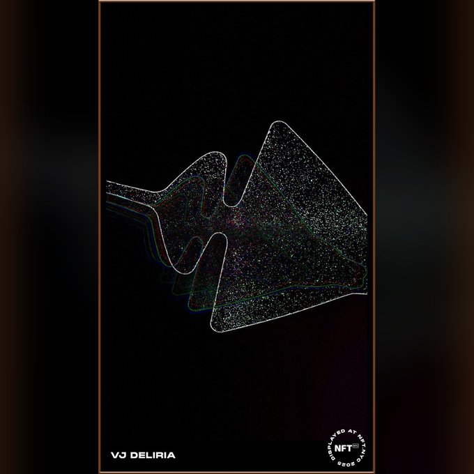 Dark minimalist digital artwork showing two outlined hands with speckled/starry fill reaching toward each other, signed 'VJ DELIRIA' with 'NFT CURATED AT ART GENIX' stamp.