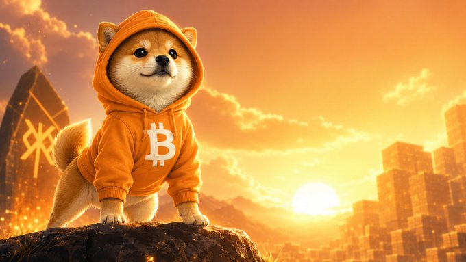 A digital illustration of a Shiba Inu dog wearing an orange hoodie with a Bitcoin symbol, standing on a rock against a sunset cityscape.