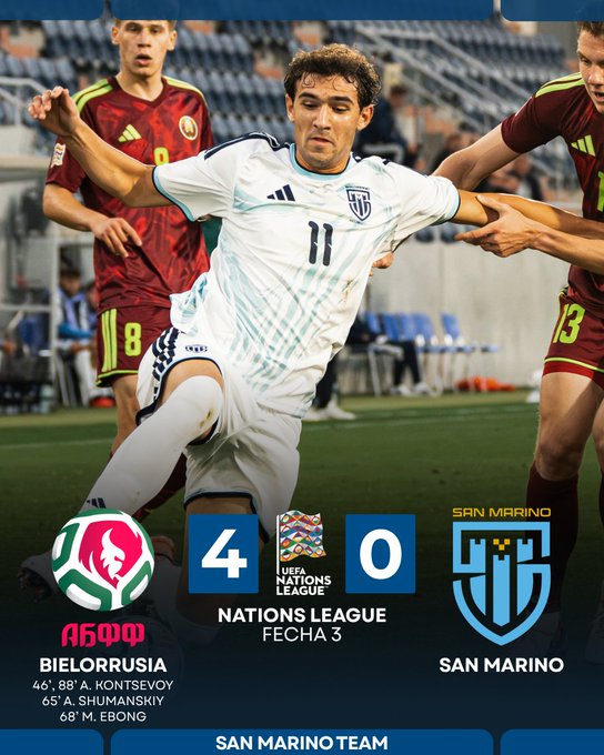 A UEFA Nations League graphic showing Belarus (ABFF) defeating San Marino 4-0, with goals by Kontsevoy (46', 88'), Shumanskiy (65'), and Ebong (68').