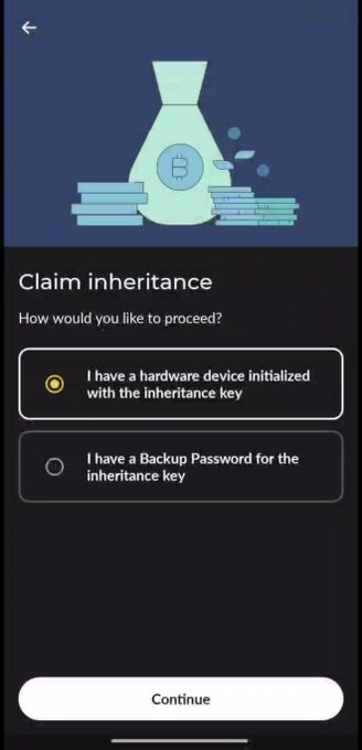 A cryptocurrency wallet interface displaying a 'Claim inheritance' screen with two options: 'I have a hardware device initialized with the inheritance key' and 'I have a Backup Password for the inheritance key,' alongside an illustration of a money bag with a Bitcoin symbol.