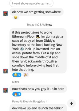 A group chat thread joking about the project, with messages like "I want shove a potato up my...," "ok now we are getting somwhere," and planning an Ethereum Floor at a New York potato farm with a "cornfield before diving feet first into that thing," signed off "Pamp It: Electric Boogaloo II."