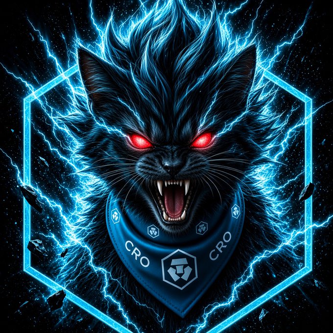 Digital artwork of a fierce black panther with glowing red eyes surrounded by blue lightning, wearing a blue bandana with "CRO" logos.