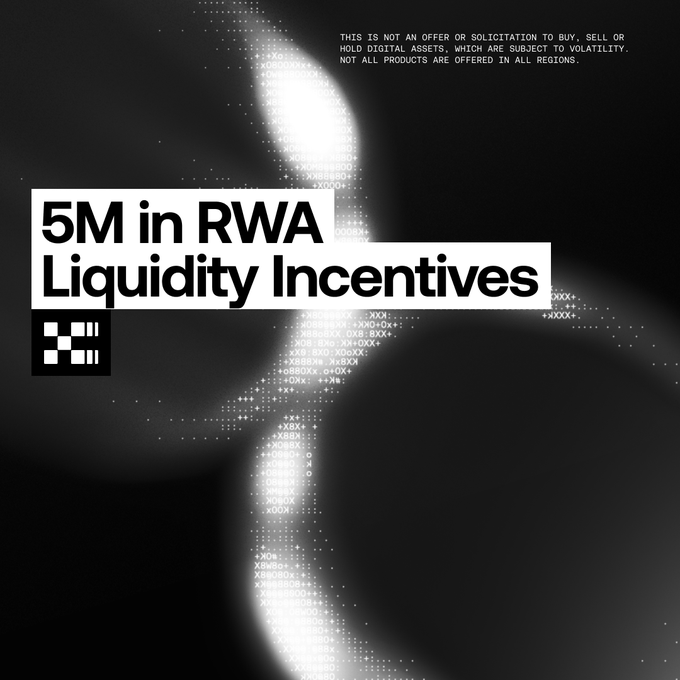 A stylized promotional graphic featuring "5M in RWA Liquidity Incentives" in bold white text on a black background, accompanied by a small OKX-style logo, with fine print at the top reading "THIS IS NOT AN OFFER OR SOLICITATION TO BUY, SELL OR HOLD DIGITAL ASSETS, WHICH ARE SUBJECT TO VOLATILITY. NOT ALL PRODUCTS ARE OFFERED IN ALL REGIONS." The image relates to OKX's coin-stock (RWA/tokenized stocks) initiative on xLayer, highlighting the liquidity incentives being offered to attract users to the newly launched platform.