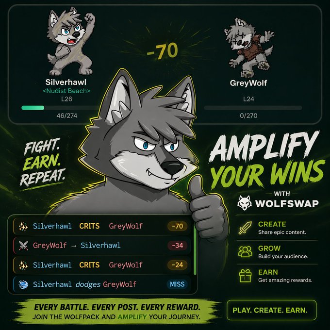 A gaming app advertisement for "WolfSwap" features an anthropomorphic wolf mascot with the slogan "FIGHT. EARN. REPEAT. AMPLIFY YOUR WINS" showing combat stats between characters Silverhawl and GreyWolf.