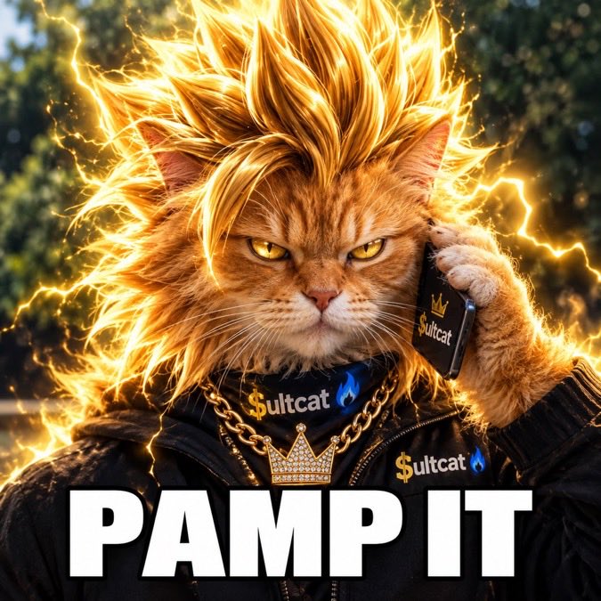 An AI-generated image of an orange tabby cat with wild flame-like fur holding a phone labeled 'Sultcat' appears above the bold text 'PAMP IT'.