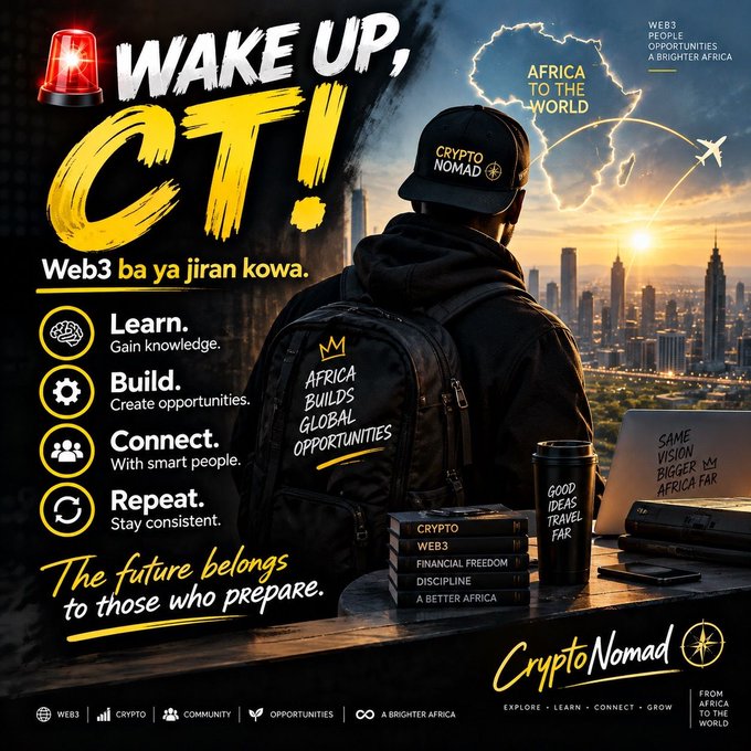 An inspirational poster titled 'WAKE UP, CT!' encouraging Web3 adoption in Africa, featuring a person with a 'Crypto Namad' cap and backpack looking at an African continent map and city skyline, listing 'Learn, Build, Connect, Repeat'.