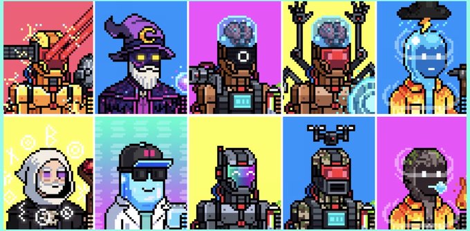 The image features a grid of nine different characters, including a robot or character collector dressed as a wizard wearing glasses and a hat, with an eye patch on their face. The characters are all wearing sunglasses and posing for the photo, creating a sense of unity among them. Below this group of characters, there is a question about NFTs, which seems to be unrelated to the main image content.